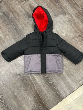 Carter's Black & Gray Puffer Jacket with Red Lined Hood-18 months